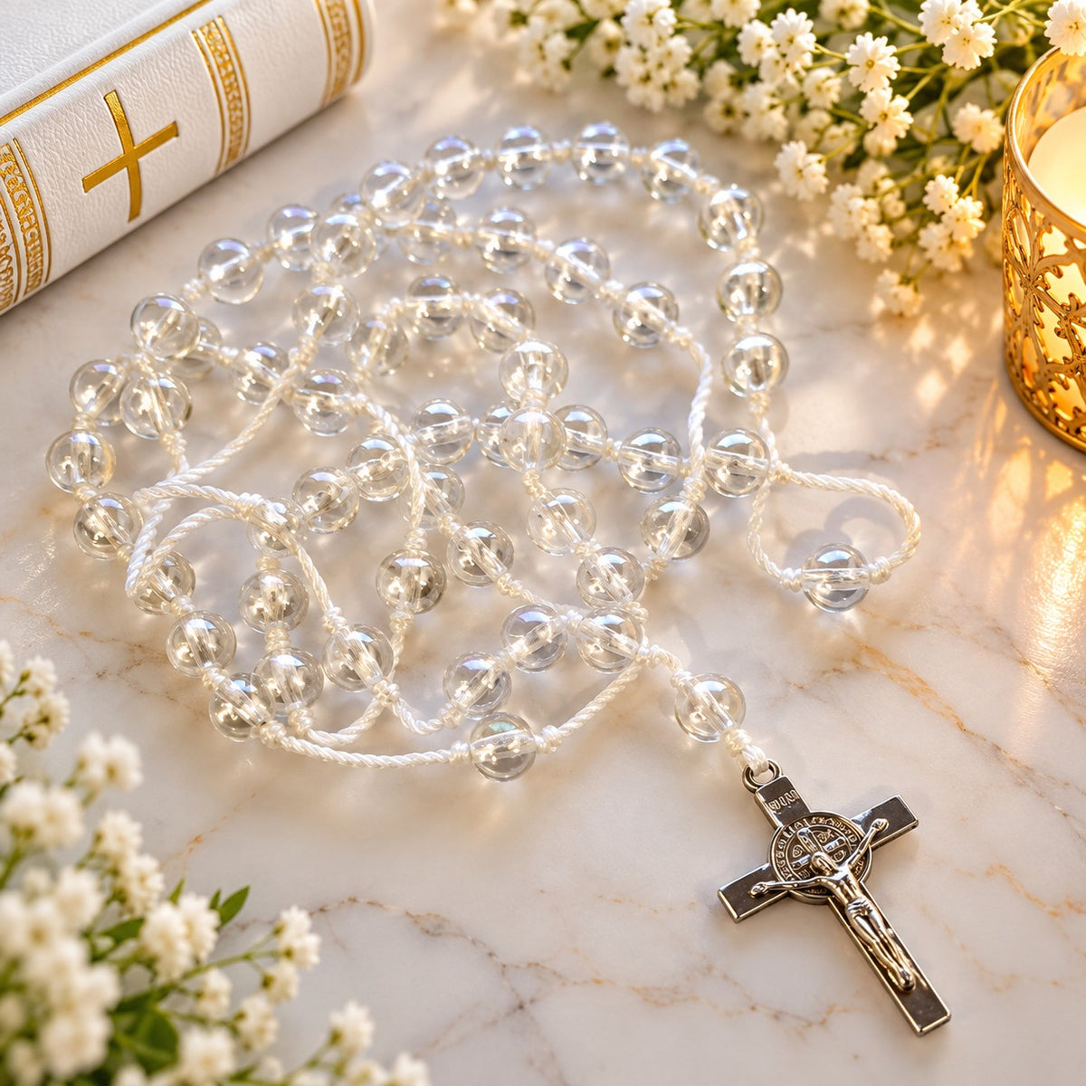 Handmade Clear White Transparent Beaded Rosary with Silver-Tone Crucifix