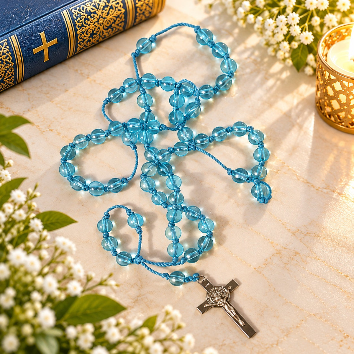 Aqua Blue Transparent Beaded Rosary with Silver-Tone Crucifix