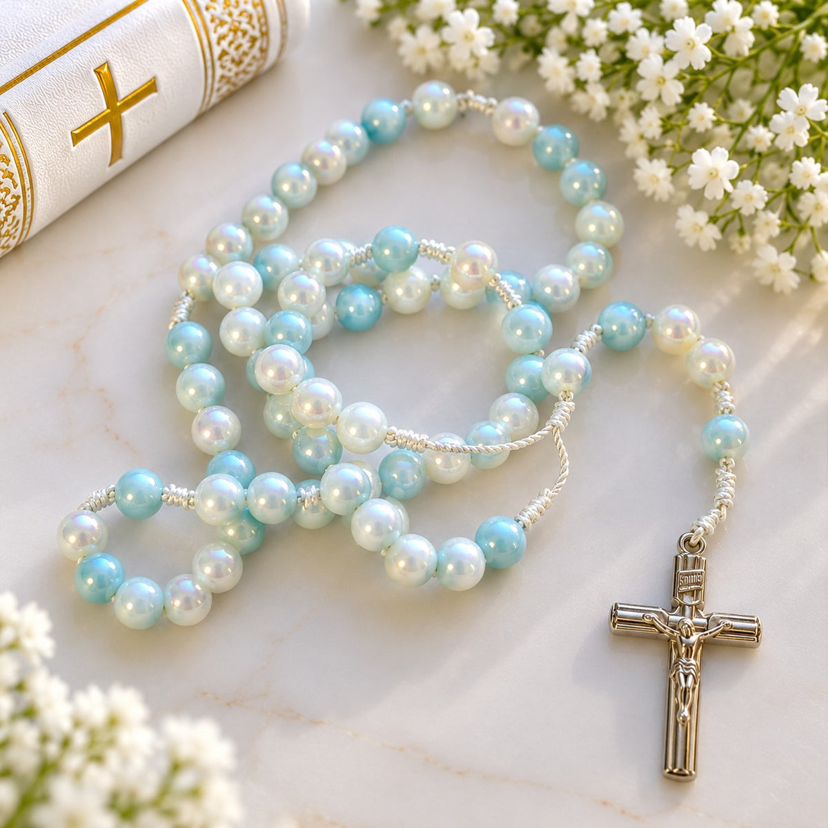 Handmade Light Blue & White Pearl-Effect Beaded Rosary with Silver-Tone Crucifix