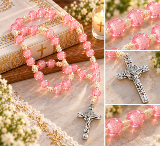 Handmade Rose Pink Transparent Beaded Rosary with Silver-Tone Crucifix