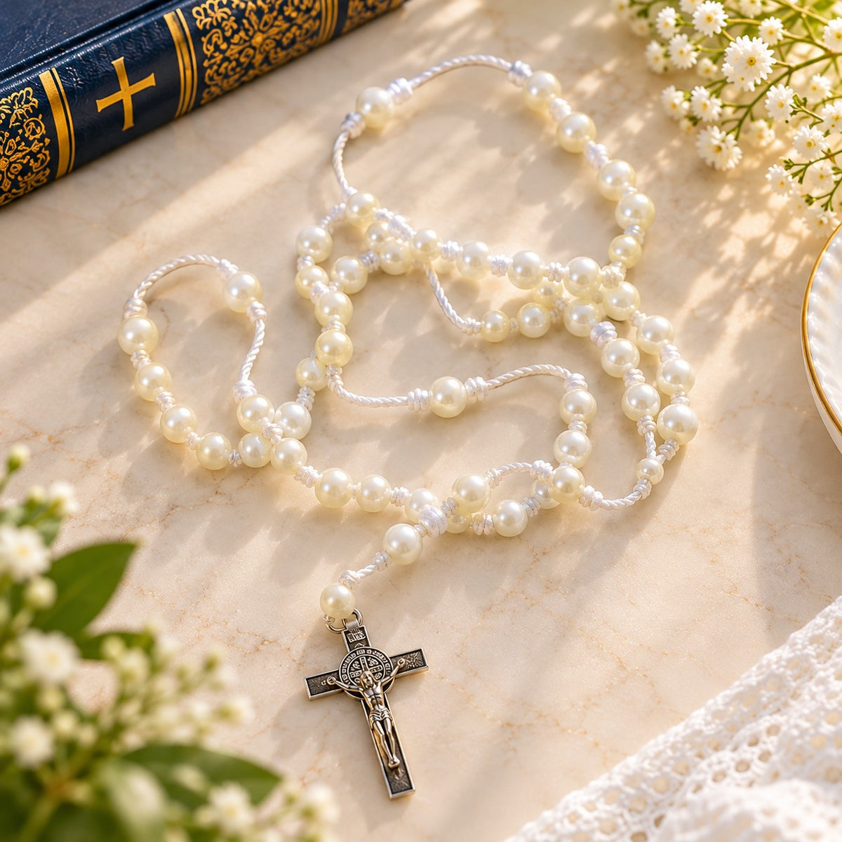 Handmade White Pearl-Effect Beaded Rosary with Silver-Tone Crucifix