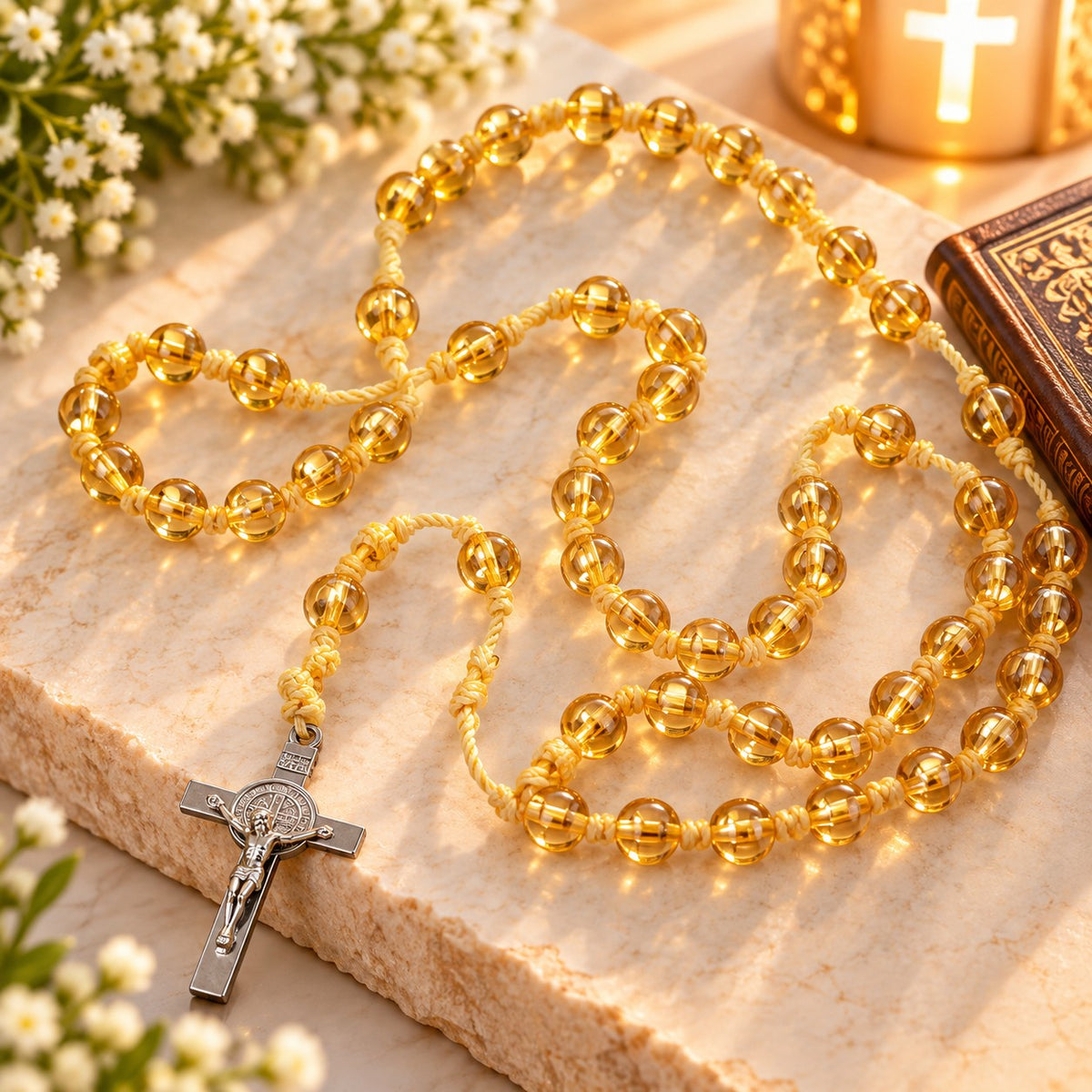 Golden Yellow Transparent Beaded Rosary with Silver-Tone Crucifix