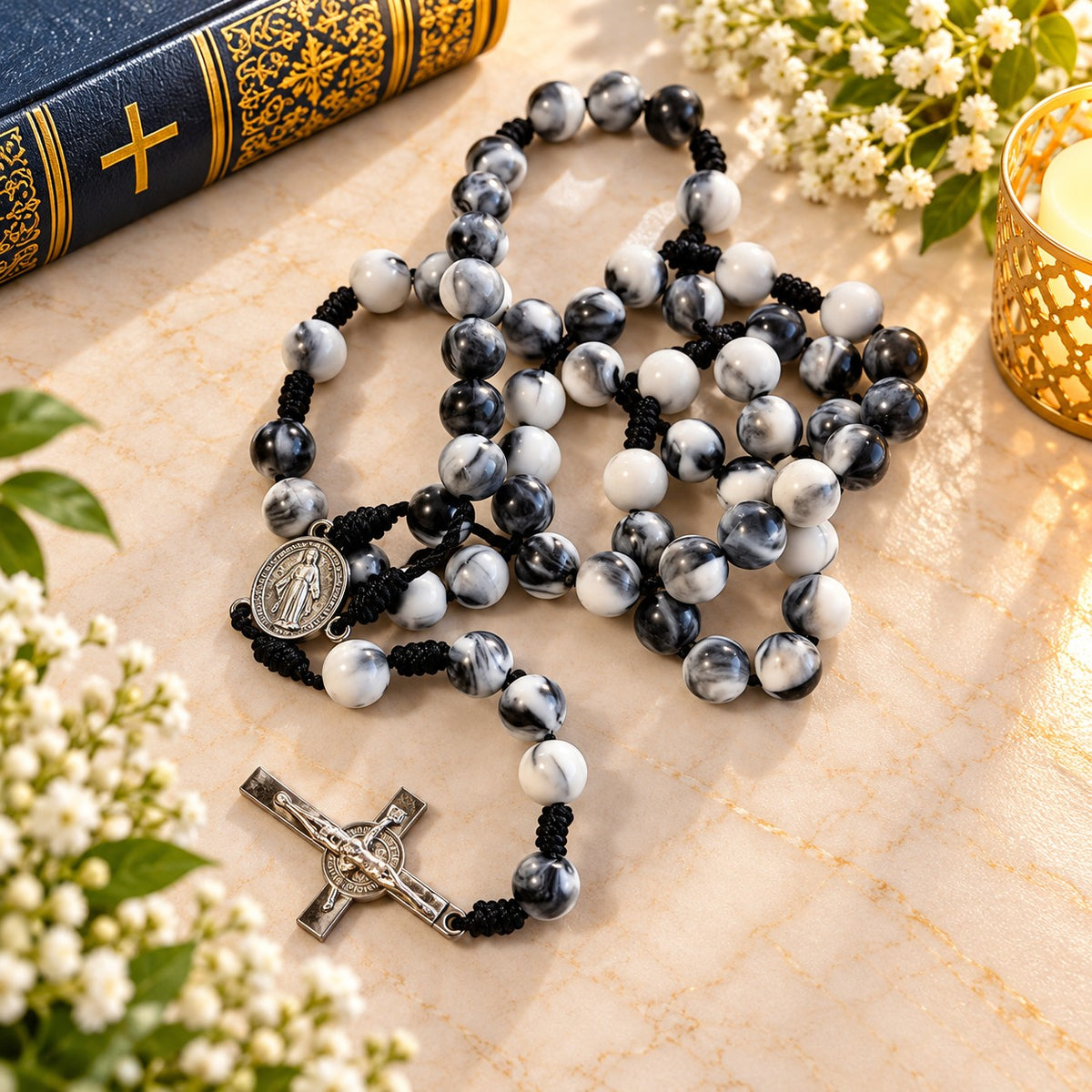 Handmade Black & White Marble-Effect Beaded Rosary with Silver-Tone Crucifix