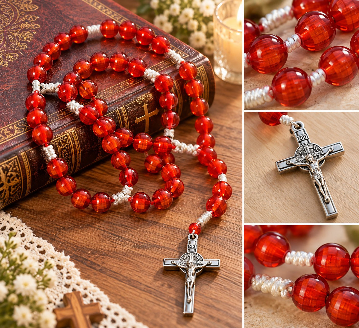 Handmade Amber-Orange Transparent Beaded Rosary with Silver-Tone Crucifix