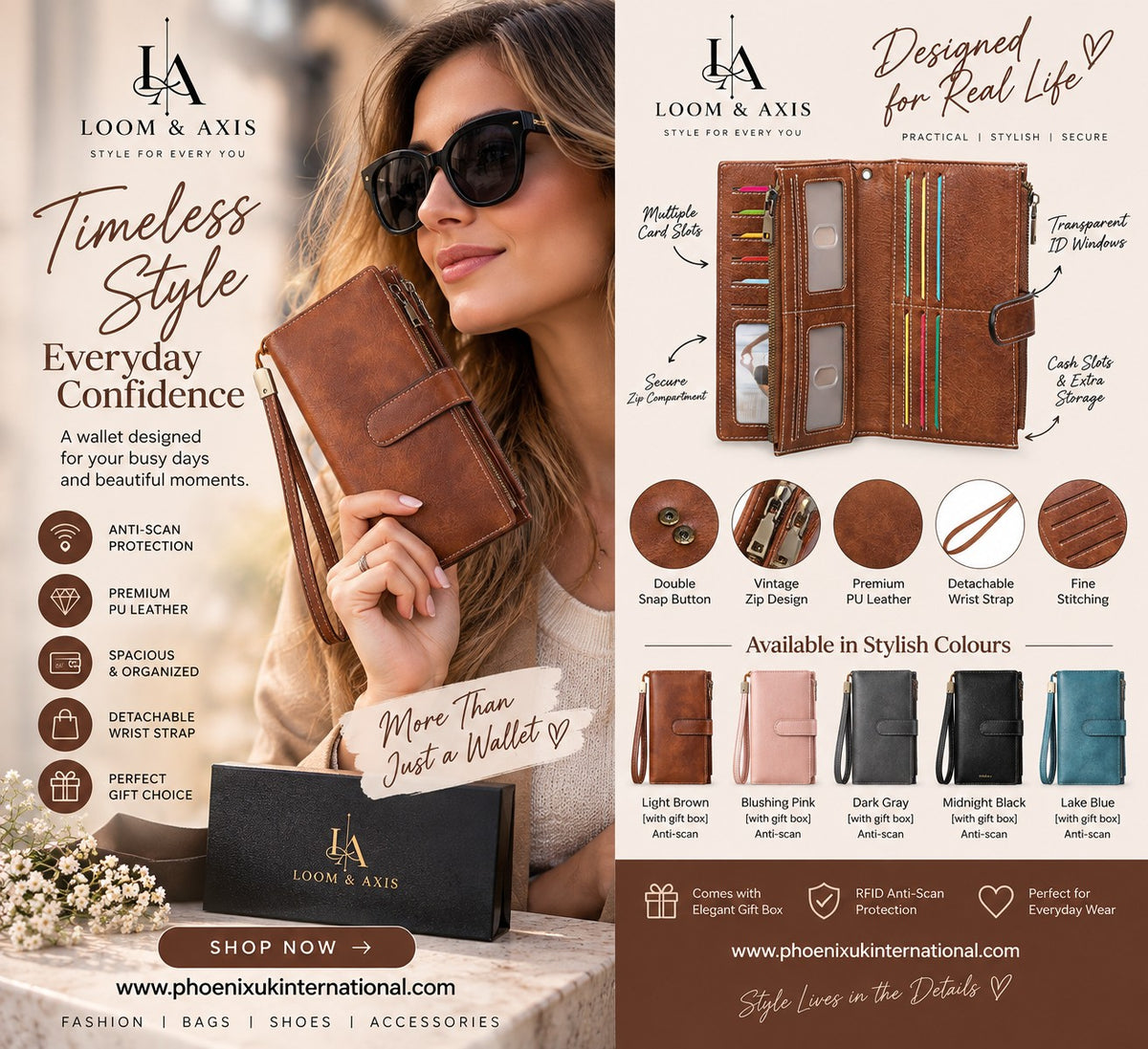 Womens Long Wallet Multi-functional Vintage Tri-fold Purse
