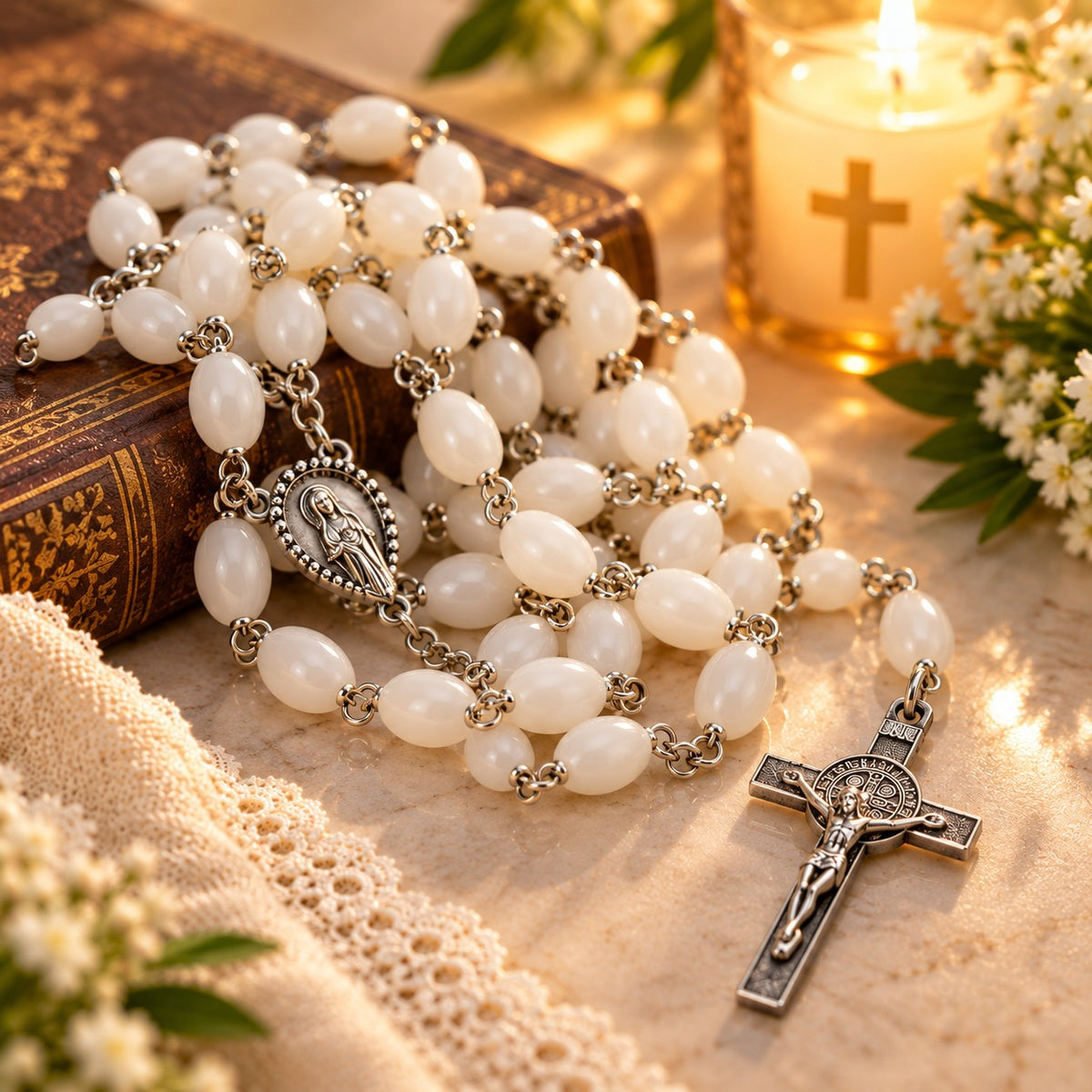 Traditional White Oval Beaded Rosary with Silver-Tone Crucifix