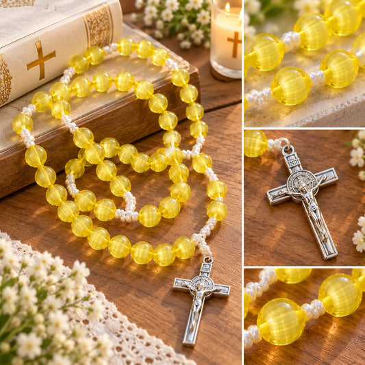 Handmade Golden Yellow Transparent Beaded Rosary with Silver-Tone Crucifix