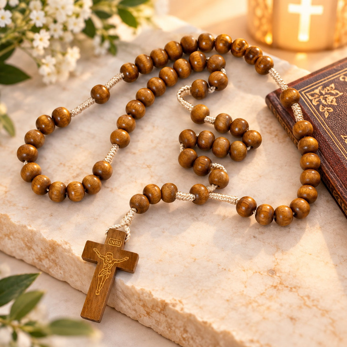 Traditional Light Brown Wooden Rosary